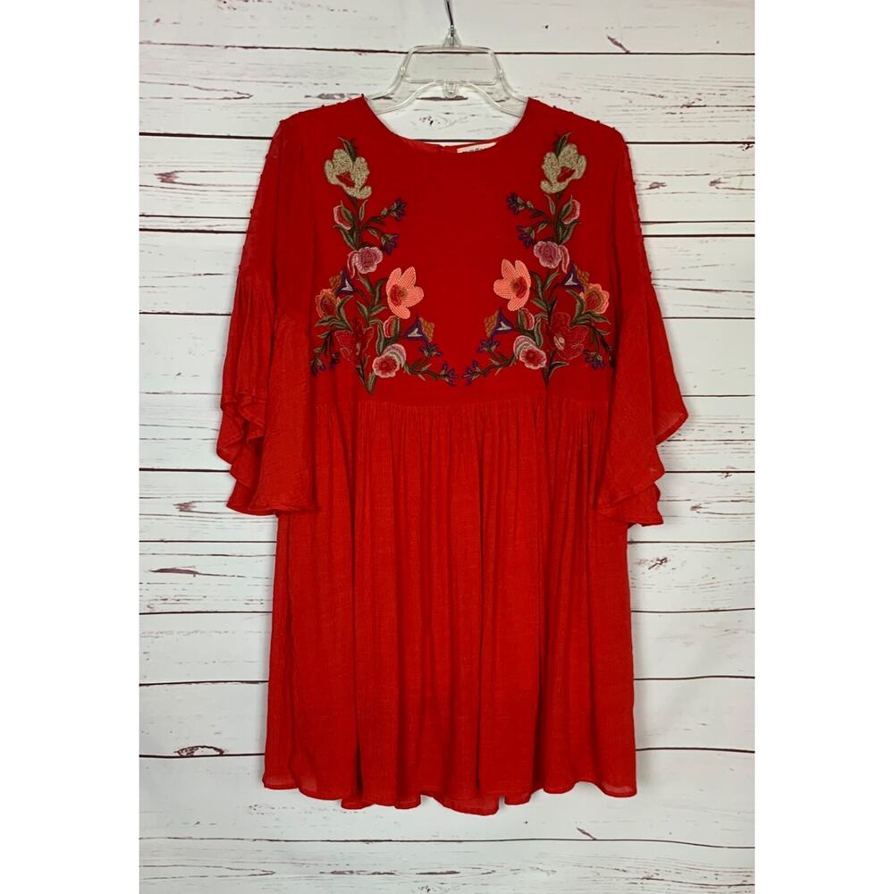 Umgee USA Boutique Women's S Small Red Floral Embroidered Ruffle Sleeve Dress